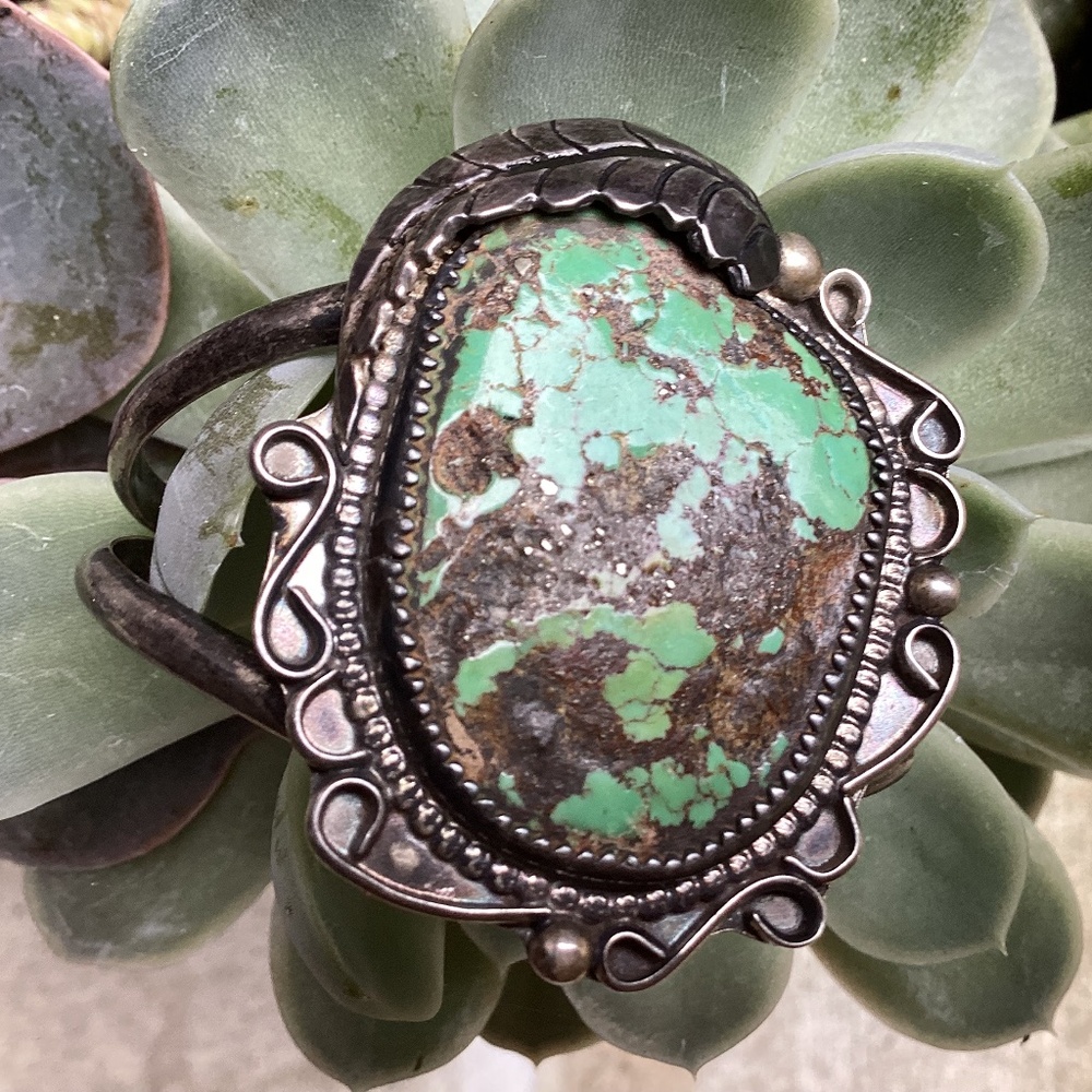 Vintage Native American Sterling Silver Old Pawn Turquoise Cuff